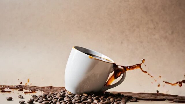 Dynamic coffee spill from a tilted mug with scattered beans