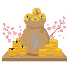 Pot of gold coins and money bag illustration © LitonKumar