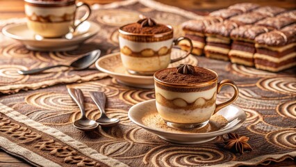 Fototapeta premium Delicious Creamy Dessert in Elegant Cups on Ornate Table Setting
