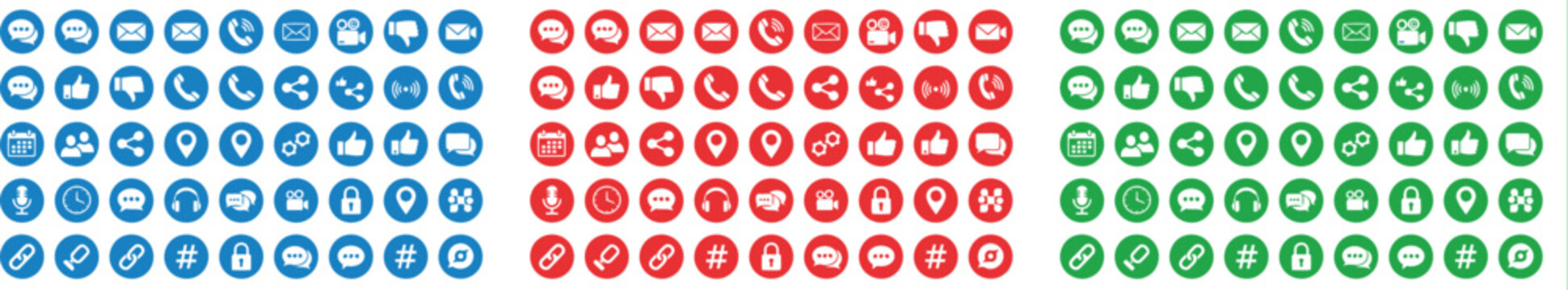 Large set of colorful social media and communication icons in circles