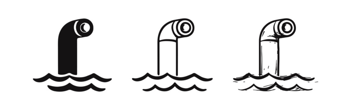Periscope icon set emerging from water, in solid, outline, and hand-drawn styles. Submarine observation and surveillance.