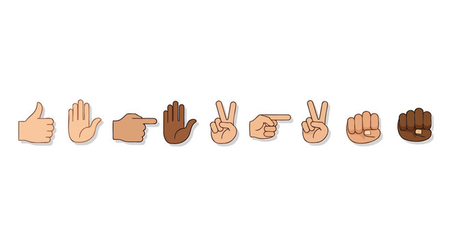 Diverse hands gesturing various signs in a row, showcasing different skin tones and actions from a straightforward viewpoint