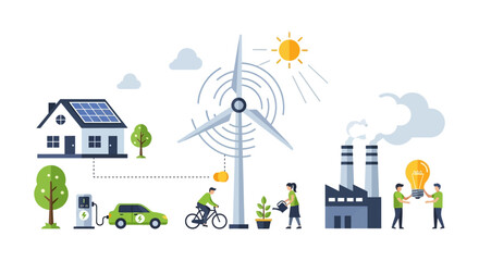 Fototapeta premium Sustainable Green Energy Ecosystem: Solar Power, Wind Turbine, Electric Vehicle, and Eco-Friendly Living contrasted with Industrial Emissions.