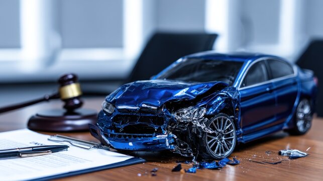 Crashed blue car model with gavel and document representing accident and legal concepts