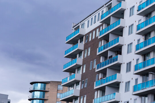 balconies in high-rise city apartment building on overcast day