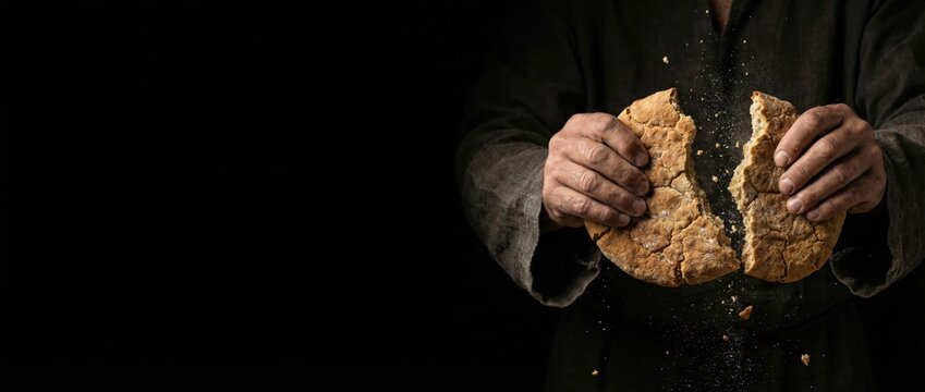 Hands of Jesus Christ breaking a rustic loaf of unleavened bread with flying crumbs on a black background. Concept of the Last Supper, Eucharist, Holy Communion and sharing. Panoramic banner .