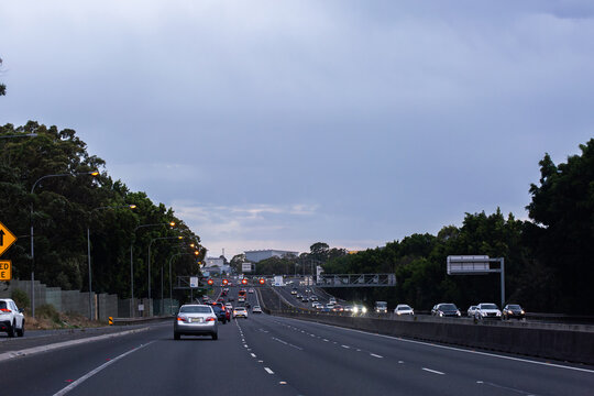 Traffic on multilane tollway road through Sydney