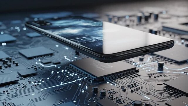 Futuristic Smartphone Floating Over Advanced Circuit Board Technology