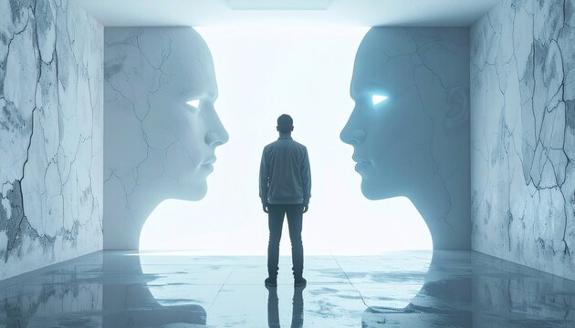 Man stands before two glowing artificial intelligence faces emerging from cracked walls, symbolizing the digital future, human-AI interaction, profound questions of technology and consciousness
