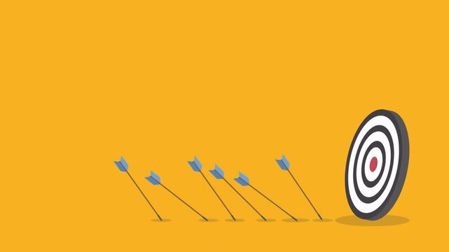 Business challenge failure and success concept. Blue arrows missed hitting target and only red one hits the center	