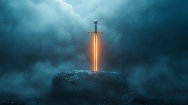 Glowing sword embedded in rock amidst mystical dark clouds