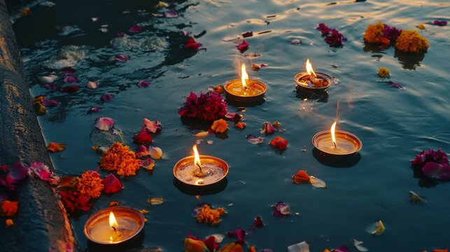 Floating candles and flowers on water during evening ritual ceremony