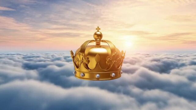 A golden crown floats above white clouds at sunrise