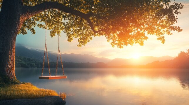 Tranquil lakeside sunset with tree swing and serene scenery