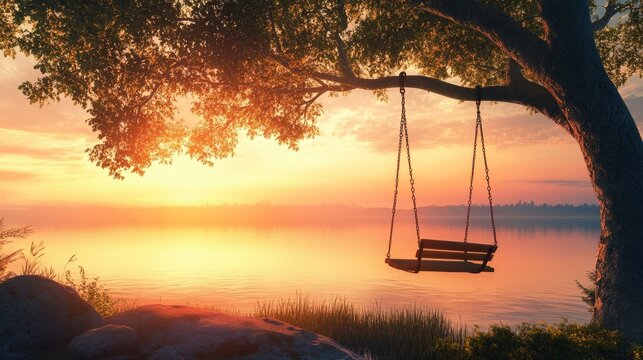 Tranquil lakeside sunset with tree swing overlooking serene water