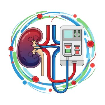 Medical illustration of dialysis machine connected to a human kidney with surrounding abstract shapes and blood cells, representing kidney disease treatment and healthcare