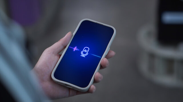 Person using personal AI agent assistant in the city, voice recognition artificial intelligence chat app dialogue screen, smartphone text to speech chatbot, smart customer service support technology