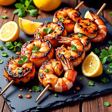 Grilled shrimp skewers with herbs, lemon wedges on rustic dark board
