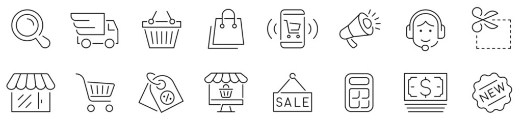 Online shopping icons. Shopping icon set. Payment elements, Cart, Bag, Store, Buy, Checkout, New, Coupon, Market, Assistance and more. Editable stroke. Vector illustration