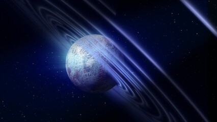 Fototapeta premium Abstract blue space planet with a round asteroid belt ring futuristic hi-tech on the background of stars in open space