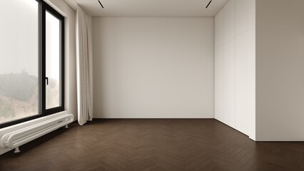 Fototapeta premium A mockup of an empty white Modern Minimalist Bedroom Interior with Herringbone Floorroom with a dark laminate floor, shadowed by sunlight. Minimalist interior design perspective, 3D visualization, 3D