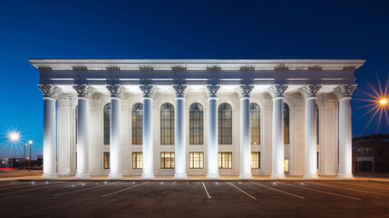 Fototapeta premium Classical architecture showcasing a bank building with towering Corinthian columns, glowing under night lights, reflecting strength and trust