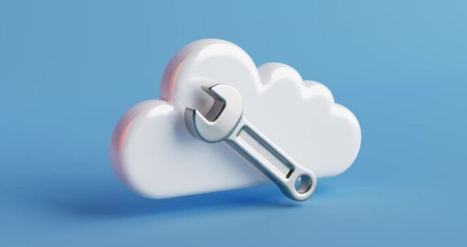 4k Resolution Video: Cloud Computing And Maintenance Concept. White Cloud Icon With Metallic Wrench Symbolizing Configuration And Technical Support 