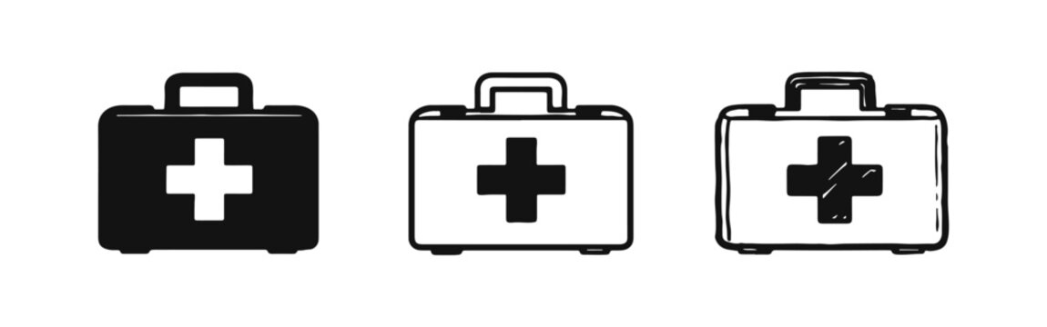 Collection of black and white first aid box icons, symbolizing medical care and emergency assistance.