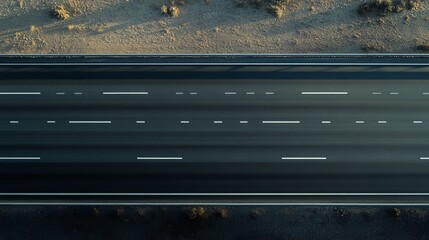 Obraz premium Aerial view of desert highway with asphalt lanes and sparse vegetation