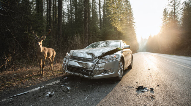 Damaged car and deer after an animal collision on a forest road. Explores wildlife hazards, safety, and insurance concepts