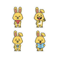 Fototapeta premium Cartoon rabbits showing emotions and holding gifts in various poses with copy space