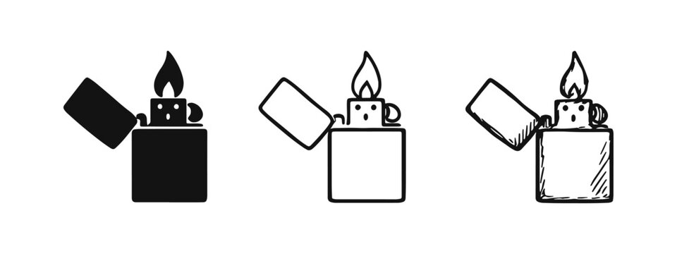 Set of portable metal lighter icons with a lit flame, in solid, outline, and hand-drawn styles.