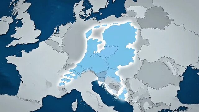 Animated map zooming into highlighted Netherlands and Germany with surrounding European countries, showcasing borders and clear blue water on a white background.