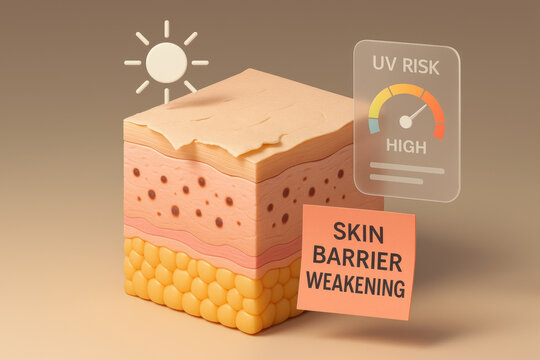 Dermatology concept of skin barrier weakening. cross section of skin layer shows damage from high uv risk sunlight exposure, emphasizing need for sun protection