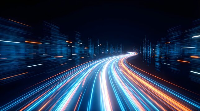 High speed internet security data transfer on a futuristic highway at night with motion blur effect