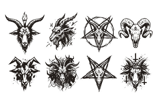 Stipple Vector Illustration Satanic Goat Head Demonic Symbol Occult Black Metal Horror-Themed Designs
