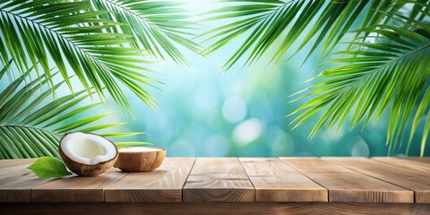 Obraz premium Tropical Paradise Wooden Tabletop with Fresh Coconuts and Lush Palm Fronds Under a Bright Sunny Sky