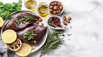 Raw liver prepared with aromatic herbs, lemon, and spices, ideal for a nutritious gourmet dish on a light background