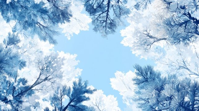 Snow-covered tree canopy against a clear blue winter sky