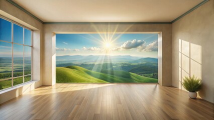 Fototapeta premium Sunlit Meadow Vista Through Expansive Window in Minimalist Room with Hardwood Floor