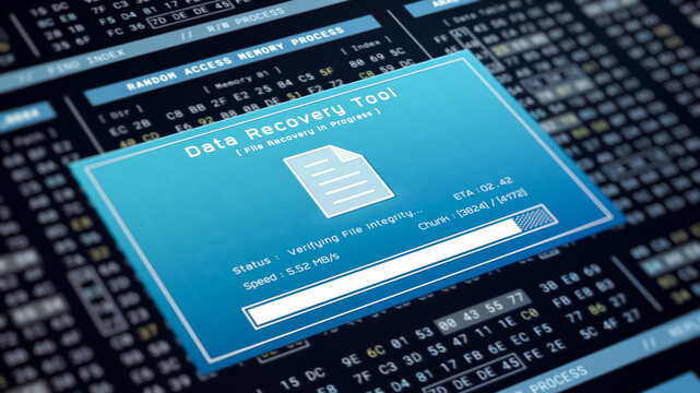 Data recovery process screen on cloud storage server, database protection backup for restore secure file sharing network, cyber security software technology illustration, retro computer monitor UI