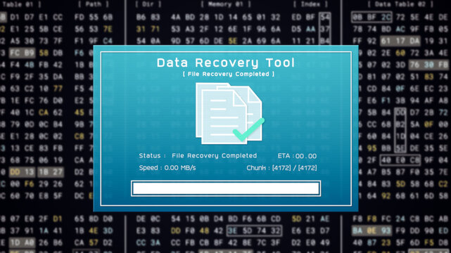 Data recovery process screen on cloud storage server, database protection backup for restore secure file sharing network, cyber security software technology illustration, retro computer monitor UI
