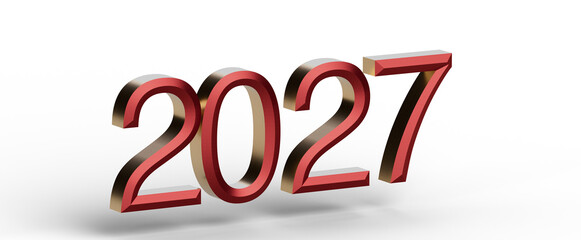 3D rendered illustration of the year 2027 in red and gold color scheme against a white backdrop. Perfect for future pred