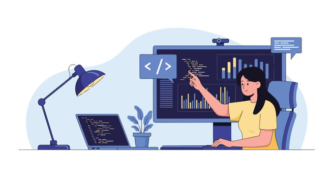 Young female programmer working on software development, coding, and data analysis at her desk with multiple screens, showcasing IT career.