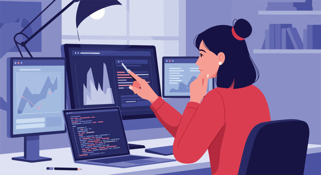 Female software developer or data analyst working remotely at a desk with multiple screens, analyzing data and coding for a tech project.