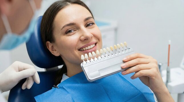 Smiling Woman Holding Dental Shade Guide for Teeth Color Matching in Cosmetic Clinic