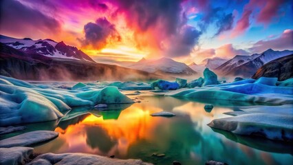 Serene glacial landscape reflecting a vibrant sunset's fiery hues across a tranquil, ice-filled lake, showcasing the breathtaking beauty of nature's artistry