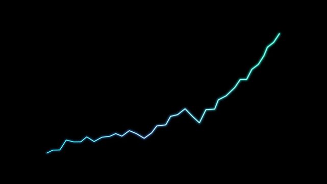 Glowing blue line chart isolated on black background, growth earning business report concept, uptrend neon technology style graph raising profits market success, investment commodity prices animation