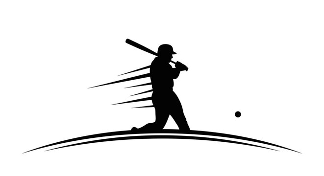 Dynamic silhouette of a male baseball player hitting a fast-moving baseball with a bat, isolated white background.