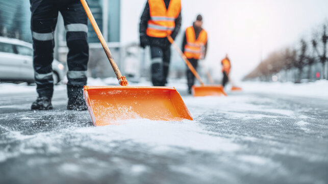 City employees de icing street with rock salt, clearing snow and ice for safe transit during cold weather